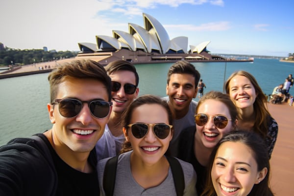 Sydney(support)6 A group of friends taking a selfie with the Sydney Opera House in the background.