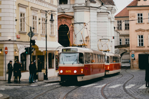 Czech A tram runs through a historic city center in the Czech Republic