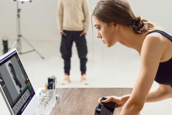 woman photographer looking at a screen. a male model waits onset